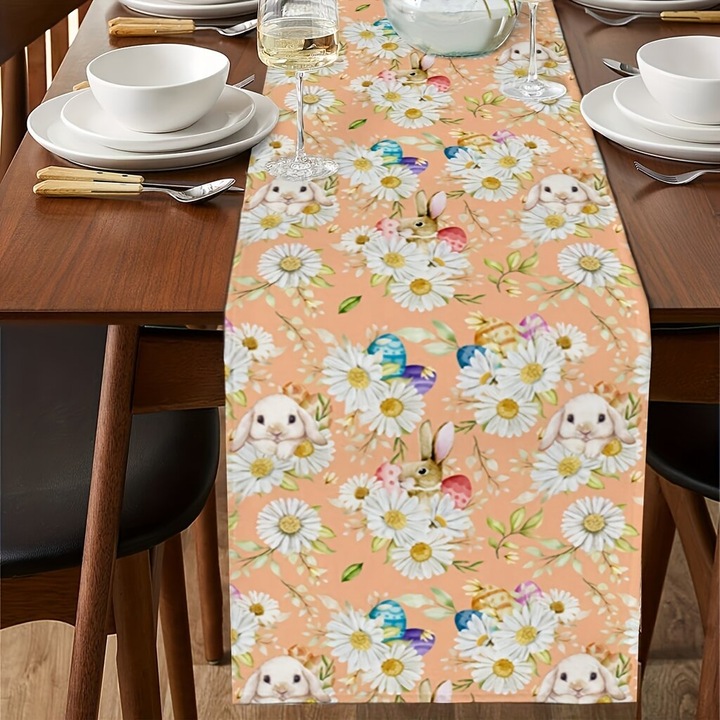 Asztali futó, húsvéti futó, textil anyagból, nyuszikkal és százszorszépekkel, mosható és ellenálló, többszínű, 1 db