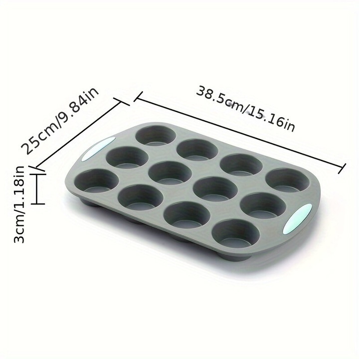 Muffin sütőforma / cupcake tepsi 12 üreges, rugalmas szilikonból, tapadásmentes, magas hőmérsékletnek ellenálló, mosogatógépben mosható, szürke, 1 db