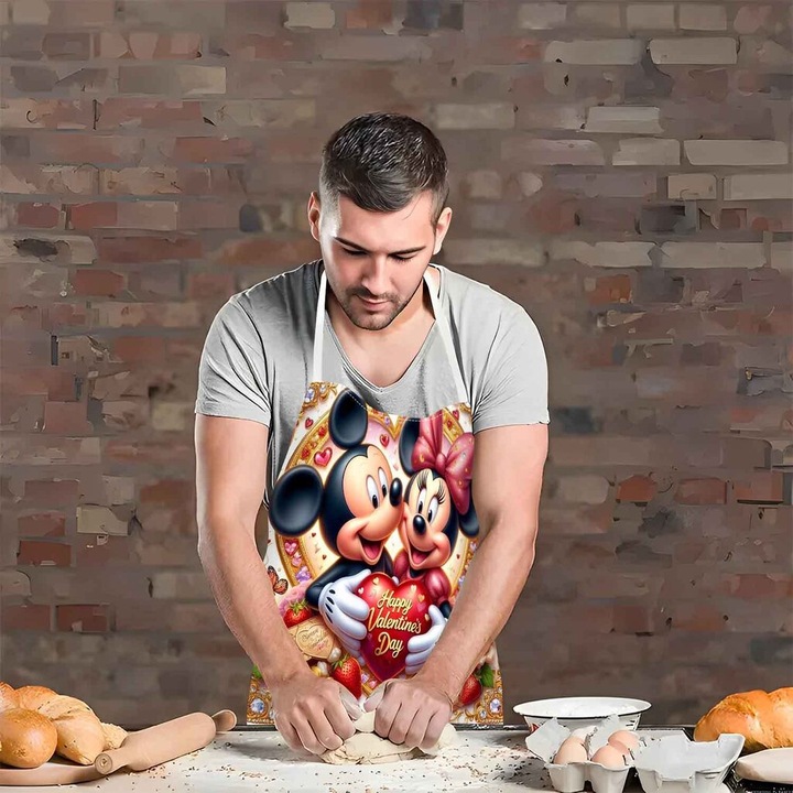 Sort de bucatarie din textil cu imprimeu Mickey si Minnie, lavabil la masina, reglabil, multicolor, marime unica