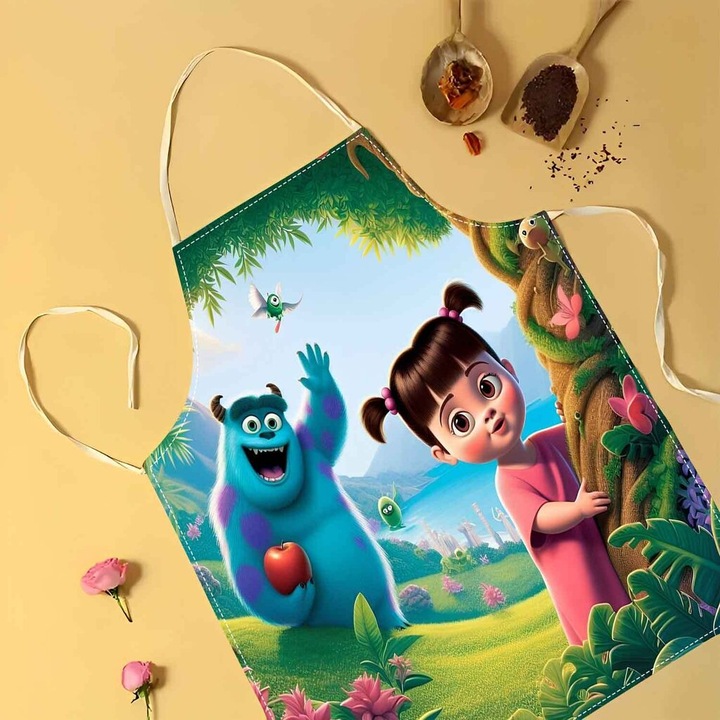 Sort de bucatarie textil, imprimeu Monsters, Inc. cu Sulley si Mike Wazowski, usor si respirabil, Multicolor, Universal