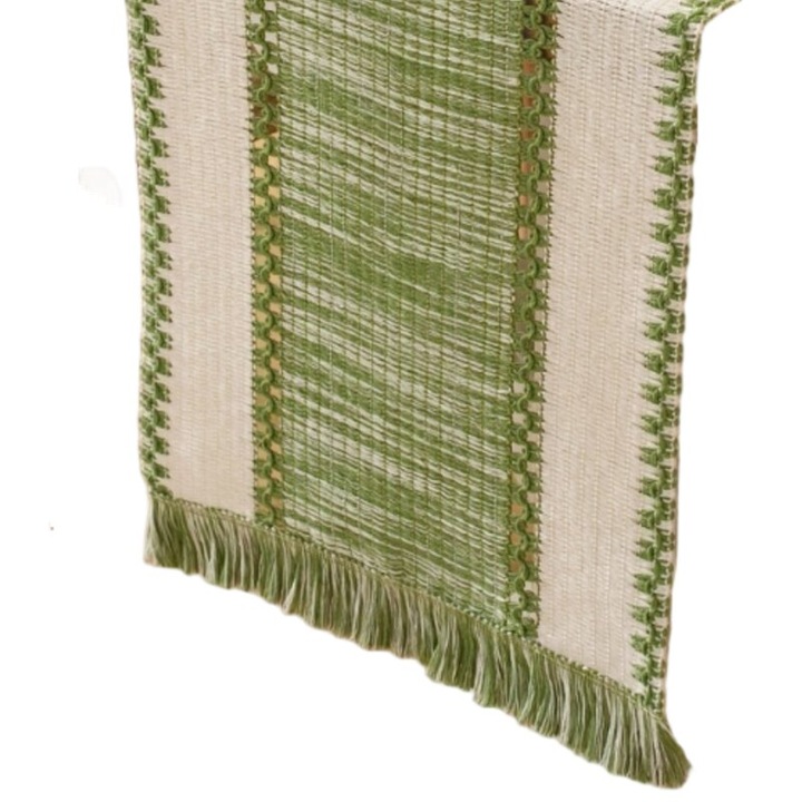 Boem asztali futó, asztali terítő, poliészterből, szövött felület dekoratív rojtokkal, 30.48×91.44 cm, zöld/bézs, 1 db