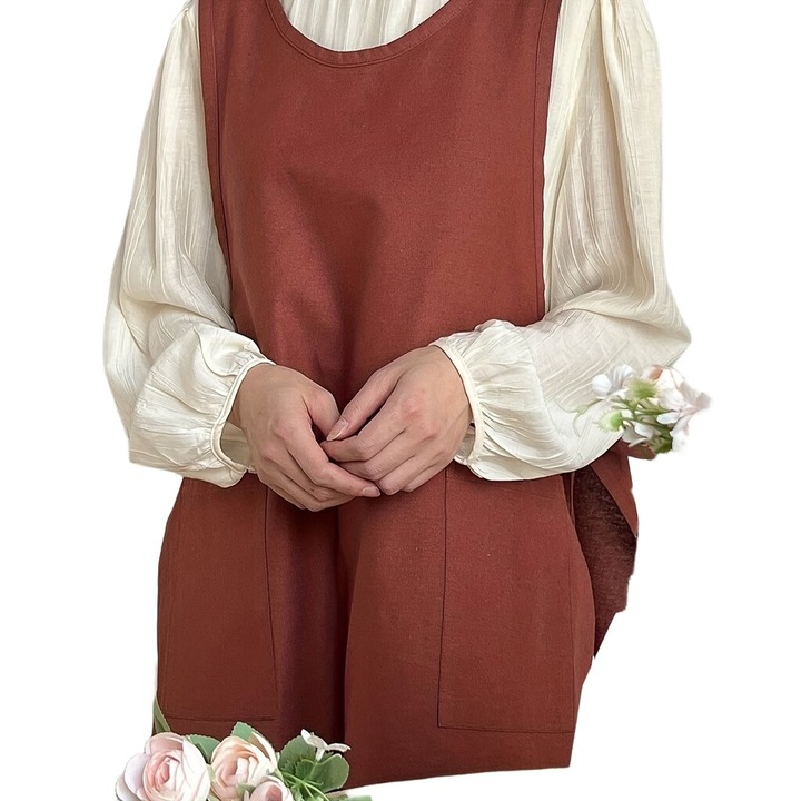 Sort de bucatarie din bumbac si in, cu design japonez-coreean si buzunare frontale, Rosu, Marime unica