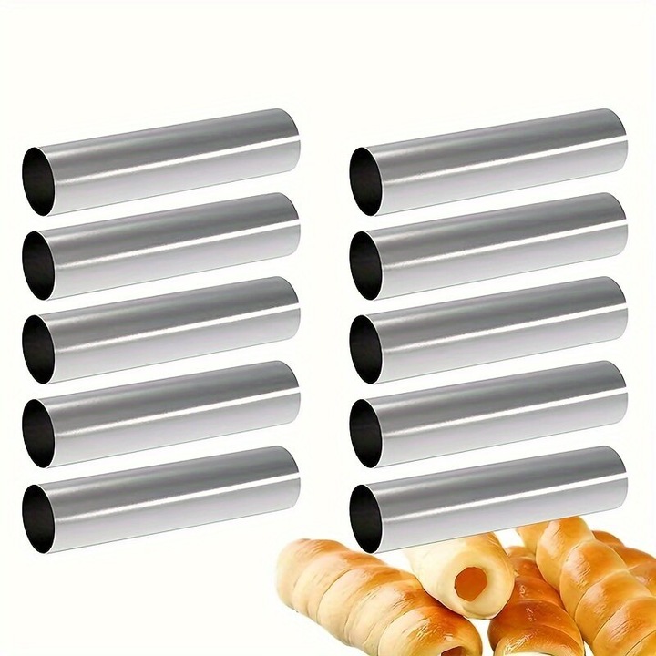 Set 10 bucati, forme pentru cornuri din otel inoxidabil, cu strat antiaderent, tuburi cilindrice pentru patiserie, argintiu, 10 buc