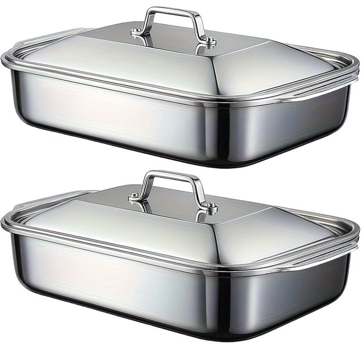 Tava/vas de copt din inox, compatibila cu cuptor si plita, capac din sticla, 41 cm, argintiu, 1 buc