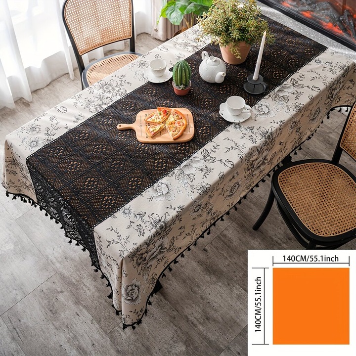 Asztalterítő, strapabíró textil anyagból, finom mintával és rojtokkal, fekete, 140x140 cm