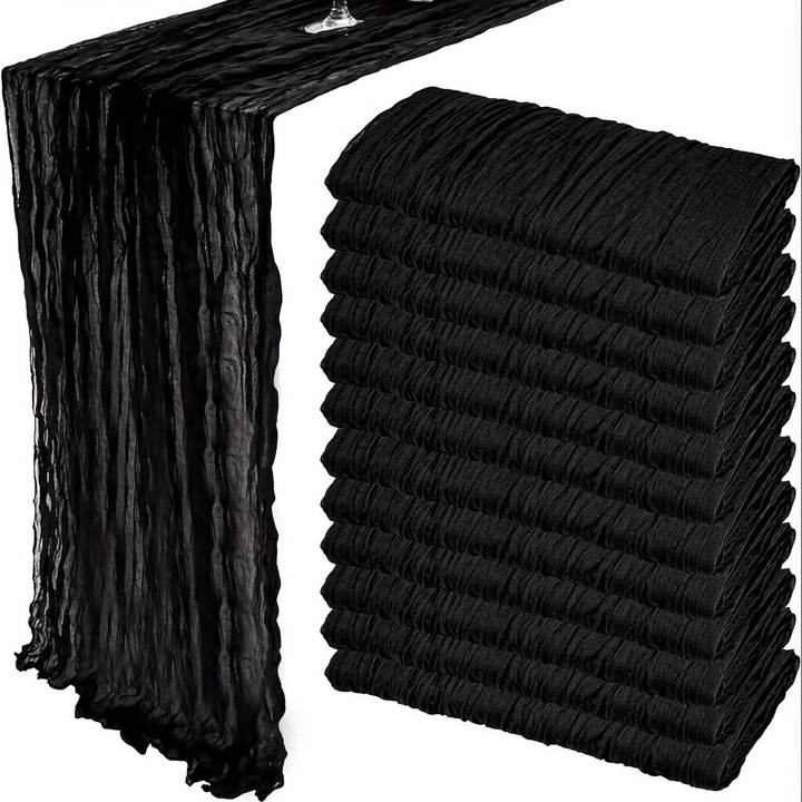Set 12 bucati, Runner de masa (alez de masa) din tifon (cheesecloth), stil boho, usor si aerat, Negru, 12 x 1 buc
