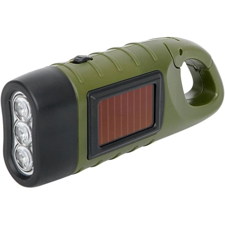 Hordozható LED lámpa, napelem és dinamó hajtókarral, újratölthető akkumulátorral, khaki/szürke, 1 db, 124 x 45 x 32 mm