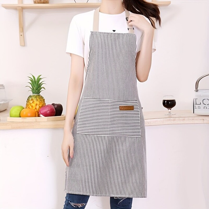 Sort/sort de bucatarie din bumbac ajustabil cu buzunare, model gradinarit, dungi roz, marime unica