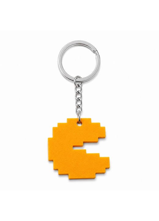 Breloc retro pixel art in forma de personaj arcade Packman, design inspirat din jocurile clasice, dimensiuni 3 x 2, 8 x 0, 4 cm, auriu