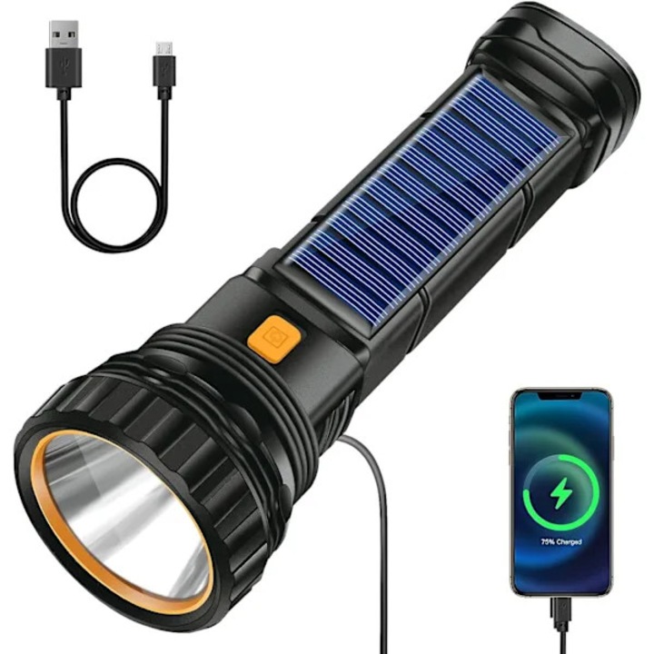 Lanterna led reincarcabila, torta solara, panou solar incorporat, baterie 1200mAh cu functie powerbank USB, 3 moduri (fascicul 150 m, 6,5 ore), IPX4, negru, 1 buc