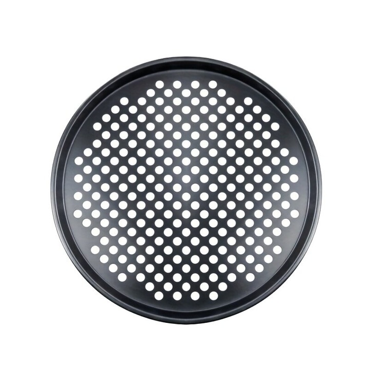 Perforált pizzatálca, szénacél, tapadásmentes bevonat, szellőzőnyílásokkal a ropogós tésztáért, fekete, 32 cm