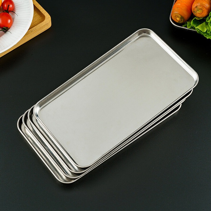 Tava/platou de servire dreptunghiulara din inox, rezistenta la coroziune, pentru cuptor si gratar, fund plat, argintiu