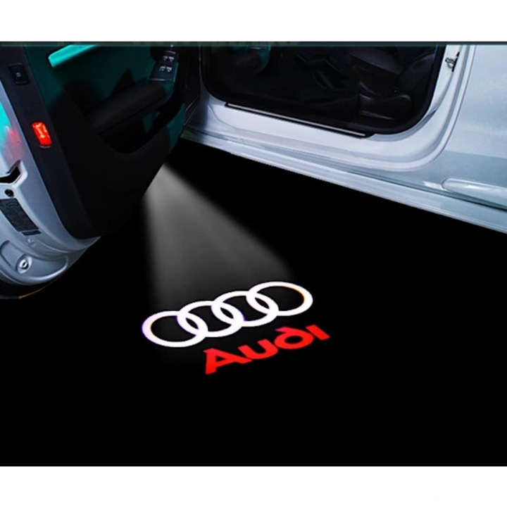 Proiector logo usa Audi compatibil cu A4L/A5/A6L/A7/A8L/Q3/Q5/Q7, lentila din sticla HD, plug-and-play fara gaurire si fara cabluri, rezistent la decolorare, alb/rosu, 2 bucati