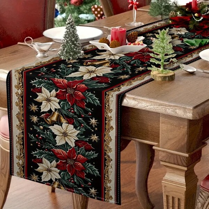 Traversa de masa, runner Craciun din in 100%, cu imprimeu floral vintage, Multicolor, 33 x 274 cm