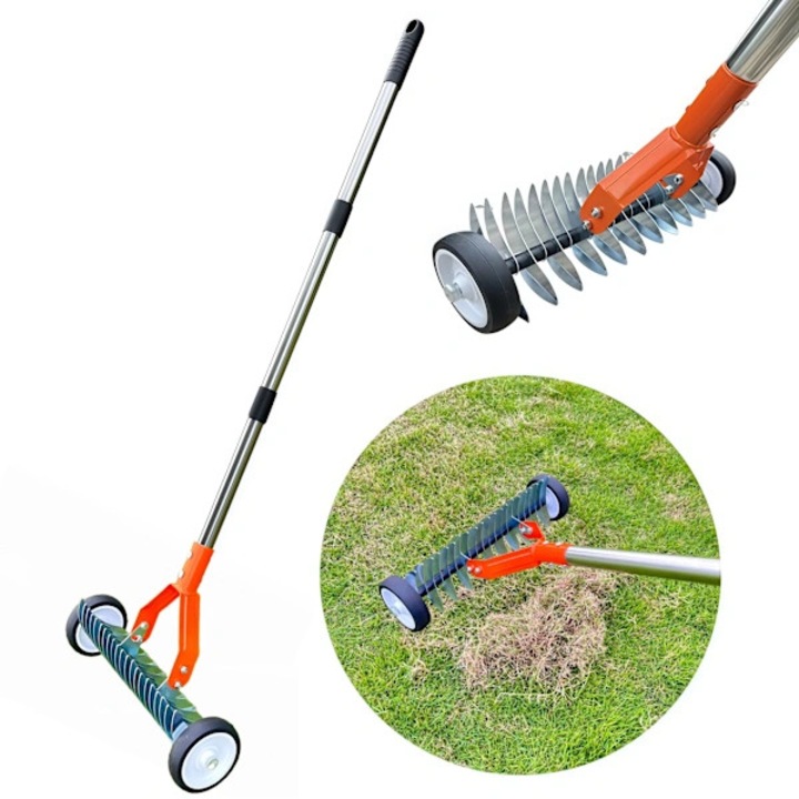 Aerator gazon manual DP888, tavalug aerisitor, cu varfuri metalice ascutite pentru perforare sol compact, maner telescopic 97-150 cm, indeparteaza muschi si felt de iarba, portocaliu/argintiu, 1 buc