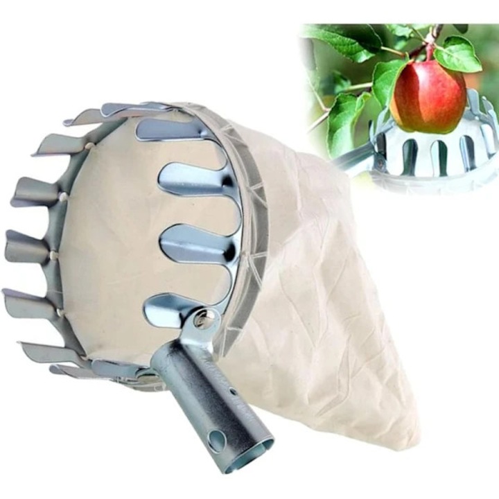 Culegator de fructe, colector metalic, diametru 16 cm, din otel inoxidabil, cu sac din bumbac, compatibil cu maner telescopic, Bej, 1 buc
