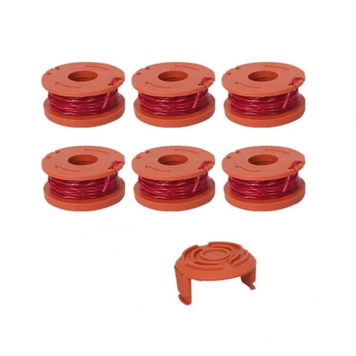 Set 6 bucati, bobine de rezerva pentru motocoasa compatibile Worx WA0010, fir de taiere 3 m, din ABS/nylon/fibra de sticla, cu capac protector inclus, portocaliu, 6 bobine + 1 capac