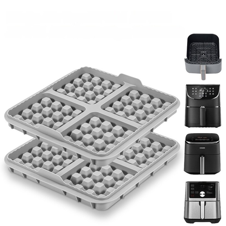 Élelmiszeripari szilikon air fryer gofrisütő forma/tálca, rugalmas és tapadásmentes, 4 üreges, magas hőmérsékletnek ellenálló, mosogatógépben mosható, szürke, 1 db
