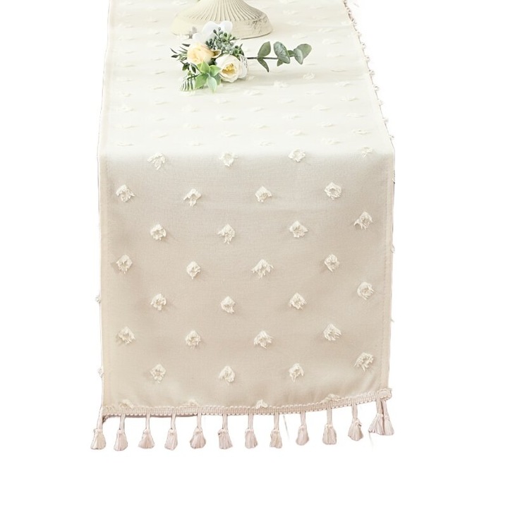 Szövött poliészter asztali futó hímzett motívumokkal és rojtokkal, Bézs, 32.99x89.99 cm