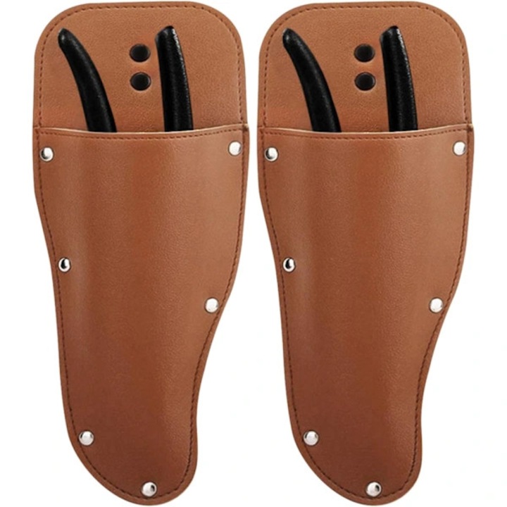 Set 2 bucati, toc/husa pentru foarfeca de gradina din piele ecologica, cu clips metalic si bucla pentru curea, cu nituri de intarire, rezistent, maro