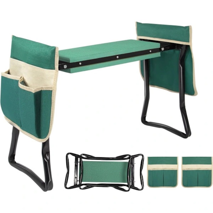 Scaun de gradina pliabil XF15, 2-in-1 banca pentru genunchi si scaun, perna din spuma EVA 40x16 cm, buzunare laterale detasabile pentru unelte, verde, 1 buc.