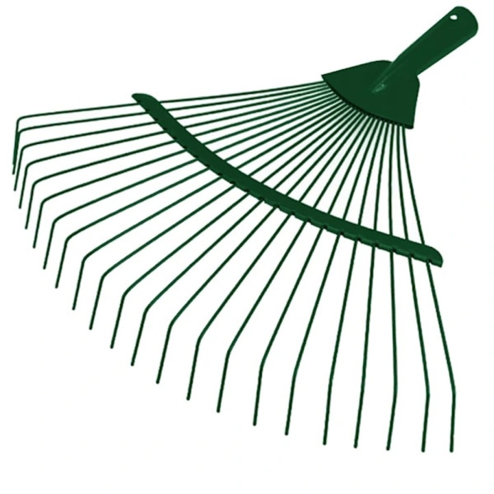 Grebla pentru frunze metalica, 22 dinti, compatibila cu coada din lemn, gaura montaj O2.5 cm, 37 x 36 cm, verde, 1 buc
