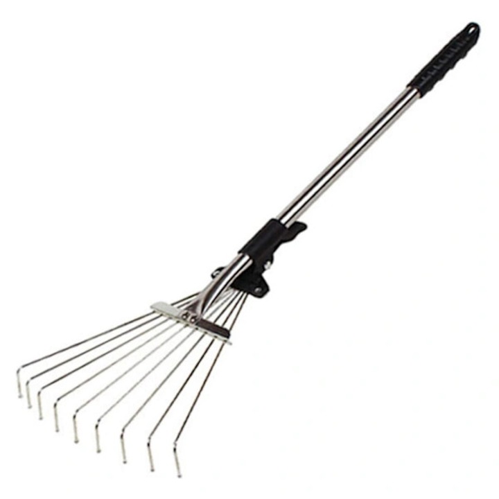 Grebla telescopica pentru frunze, aluminiu, maner telescopic reglabil, cap cu dinti multipli si varfuri sferice care nu deterioreaza radacinile, argintiu/negru, 1 buc