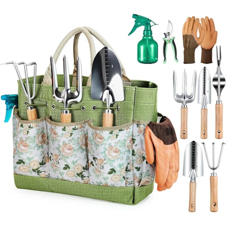 Set unelte gradinarit inox 9 piese cu geanta depozitare XL multicolor