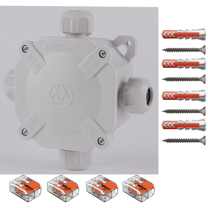 Doza derivatie aparenta alba ACIDUR SEZ DK IP67 80x80x45, Cutie conexiuni, Cutie de jonctiune dotata cu cleme Wago 221-412 4 buc si dibluri Fischer DuoPower 6x30 4 buc