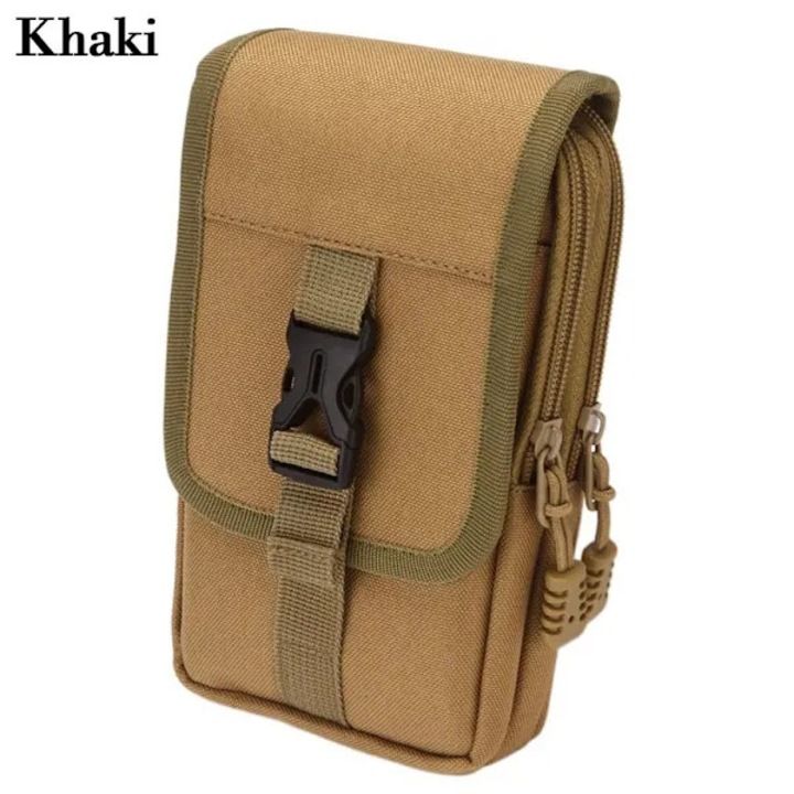 Taktikai övtáska Oxford anyagból, Molle rendszerrel, több rekesszel és karabinerrel, khaki, 17,5 x 10 x 6 cm