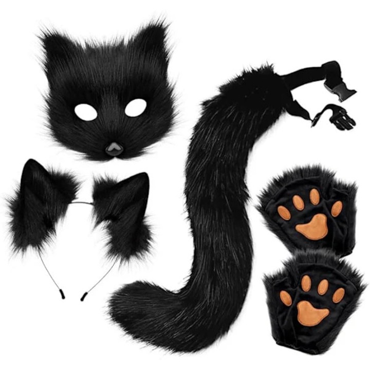 Set accesorii cosplay din plus, coada si urechi detasabile, masca si manusi tip laba, Negru/Alb, Marime unica