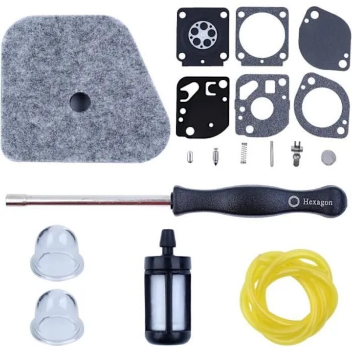 Set reparare carburator compatibil cu Stihl FS90/FS100/FS110/FS87/HT100/HT101/FS130, cu filtru aer, filtru combustibil, bulbi primer, furtun carburant, unealta reglaj, Multicolor, 1 set