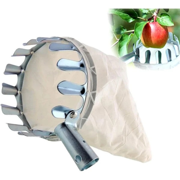Recoltator de fructe / colector de fructe din otel inoxidabil cu sac din bumbac, compatibil cu tije telescopice, diametru 16 cm, argintiu/bej, 1 buc