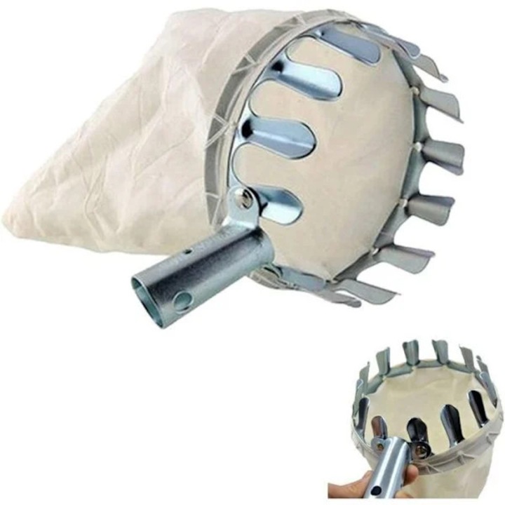 Culegator fructe, cos pentru cules, cadru metalic cromat, sac din bumbac detasabil, pentru mere, pere, portocale, argintiu/natural, 1 buc