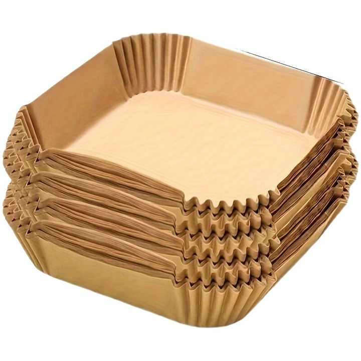 Hartie de copt pentru friteuza cu aer, hartie pentru air fryer, din hartie rezistenta la caldura, absorbanta, de unica folosinta, maro kraft, 50 buc