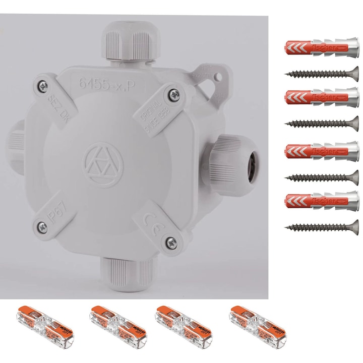 Doza derivatie aparenta alba ACIDUR SEZ DK IP67 80x80x45, Cutie conexiuni, Cutie de jonctiune dotata cu cleme Wago 221-2411 4 buc si dibluri Fischer DuoPower 6x30 4 buc