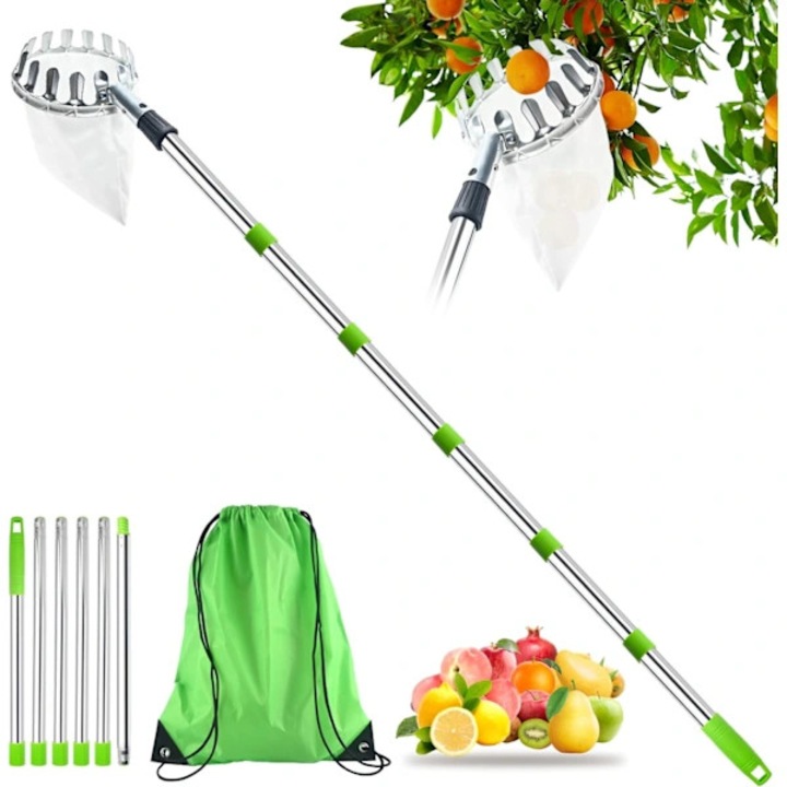 Recoltor de fructe telescopic, cos de cules detasabil din inox, extensibil pana la 2.6 m, 6 tije, diametru 15.5 cm, verde/inox, 1 bucata