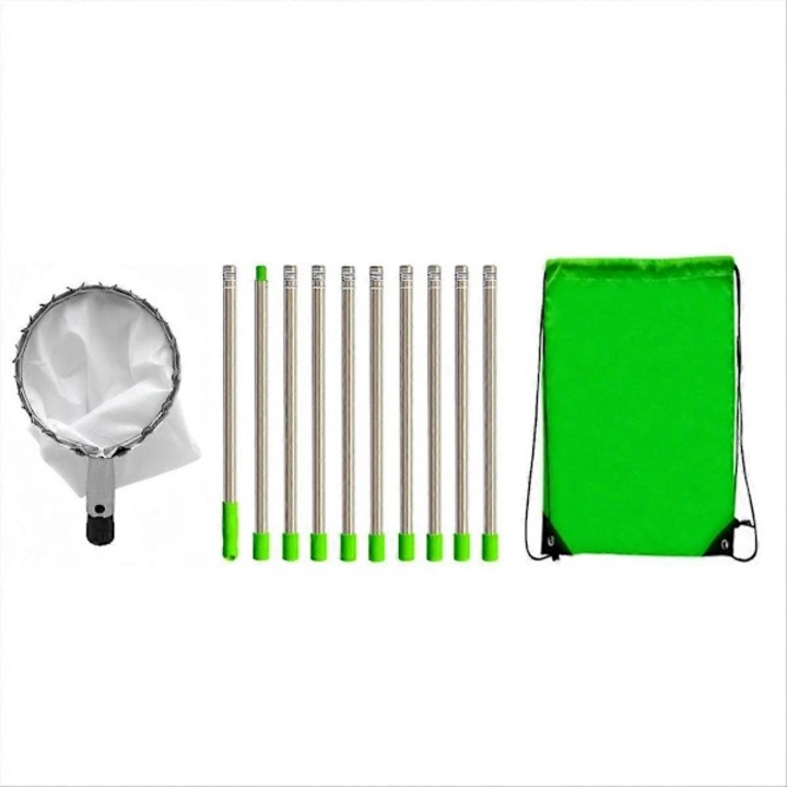 Culegator de fructe telescopic, sistem de recoltare cu tije interconectate din otel inoxidabil, sac din bumbac si dinti concavi, verde/argintiu, 1 set