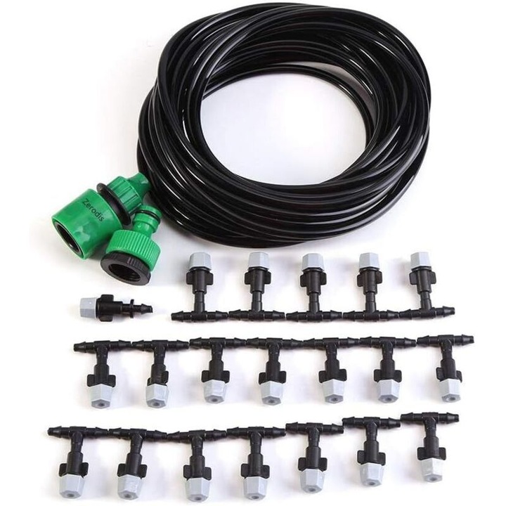 Kit irigare, sistem de arrosare reglabil cu micro-picurare si brumizare, 20 duze, tub 10 m 4/7 mm, Negru, 1 set