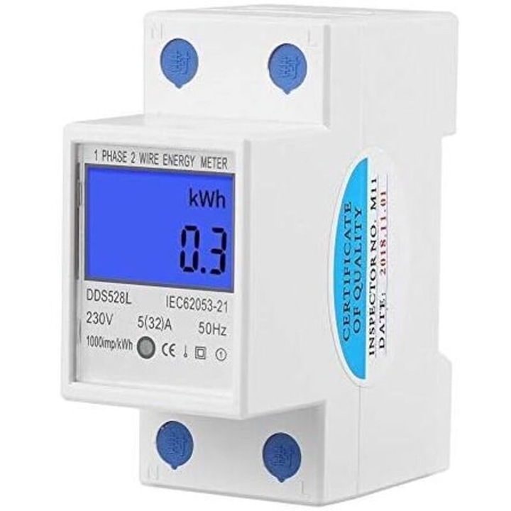 DDS528L energiafogyasztásmérő / wattmérő 5-32A, egyfázisú, háttérvilágítású LCD kijelző, DIN sínre szerelhető 35mm, 230V, 50Hz, fehér, 1 db