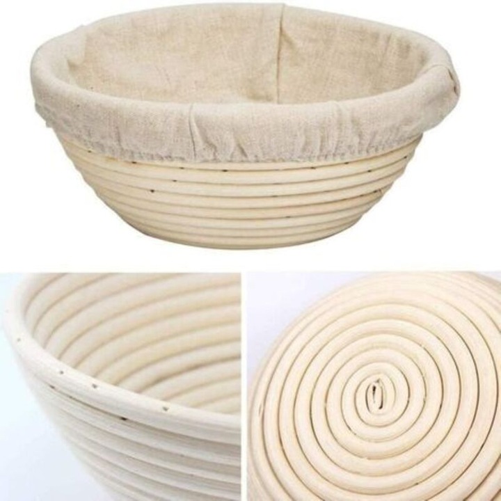 Cos pentru fermentare paine baneton rotund din ratan natural, dublat cu panza de in, usor antiaderent si lavabil, bej/natural, 20 cm