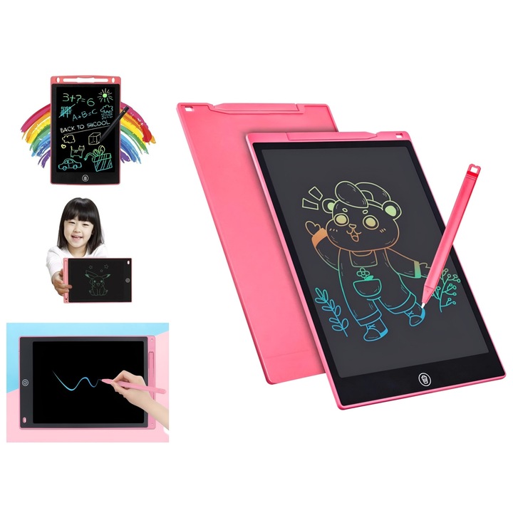 Tableta LCD 16" pentru desen si scris multicolor ANGMAD, ideala pentru scoala, birou si calatorii, stergere rapida, blocare ecran, educativa pentru copii 3ani+, culoare: roz