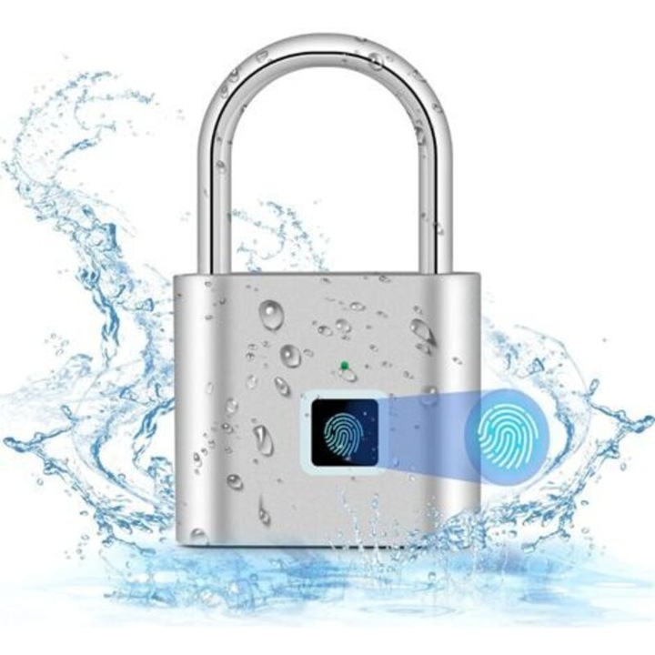 Biometrikus lakat/ujjlenyomat-zár, USB töltéssel, vízálló, szekrényhez és poggyászhoz, ezüst, 1 db