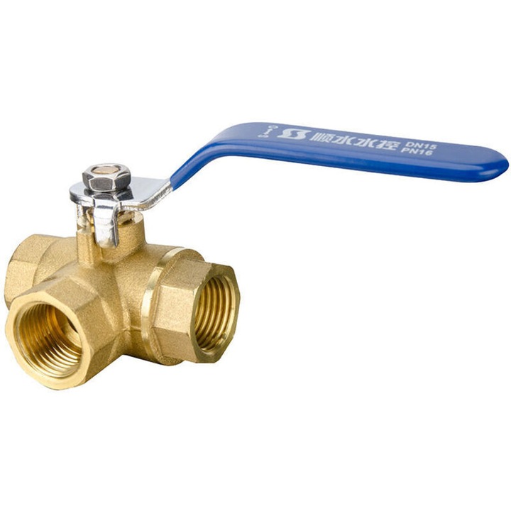 Háromutas szelep (golyóscsap) DN15 1/2'', kovácsolt sárgarézből, krómozott rozsdamentes acél golyóval, PTFE ülékkel, 1/2'' belső menet x belső menet x belső menet csatlakozásokkal, sárga, 60 mm