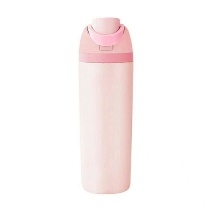 Sticla de apa (bidon) FreeSip, din otel inoxidabil, cu izolatie dubla, cu pai si capac rabatabil cu buton blocabil, fara BPA, roz, 710 ml