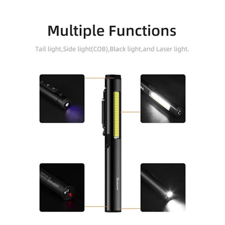 Фенерче писалка J01 Beacon, лампа тип писалка UV/LED/COB с червен лазер, безкрайно регулиране, Type-C, 160/350 lm, вградена батерия 14500 800mAh, алуминиева сплав, черно, 1 бр