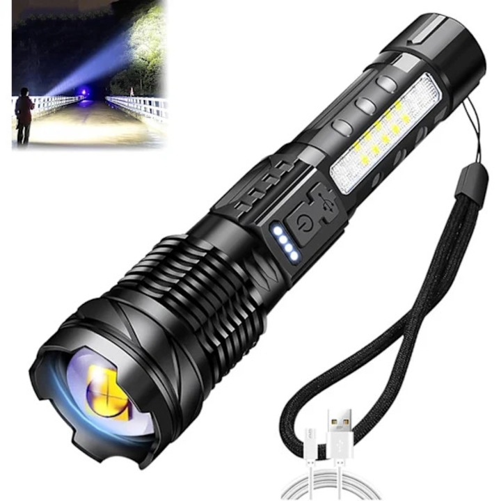 Taktikai zseblámpa / elemlámpa, állítható zoom, USB-ről tölthető akkumulátor töltöttségi szint jelzővel, 7 mód piros/kék oldalsó fényekkel, fekete, 1 db