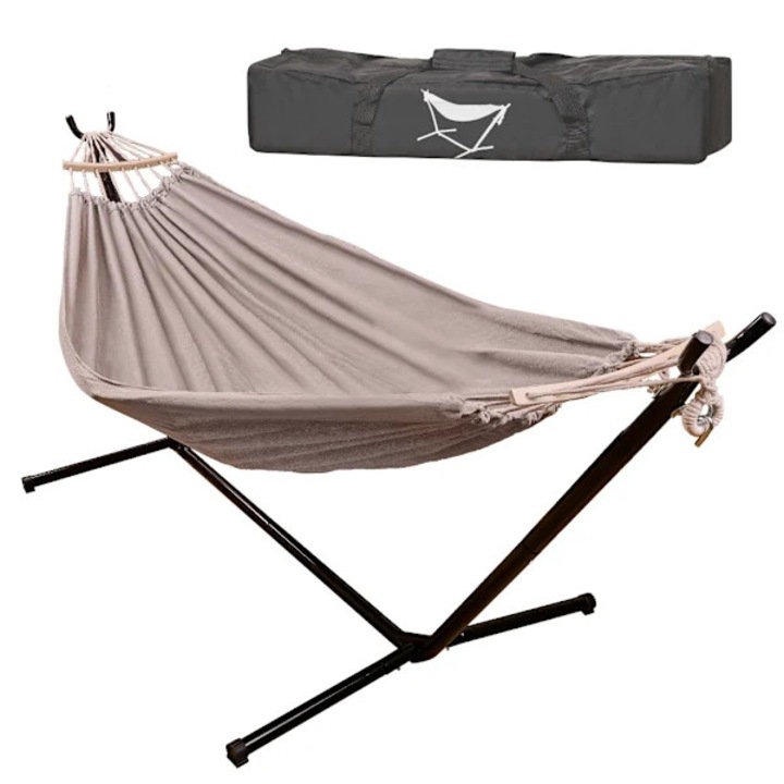 Hamac/leagan de gradina cu cadru 200 cm, pentru 2 persoane, tesatura tricotata rezistenta la umezeala si intindere, cadru metalic robust fara gaurire, negru/gri, 1 buc.