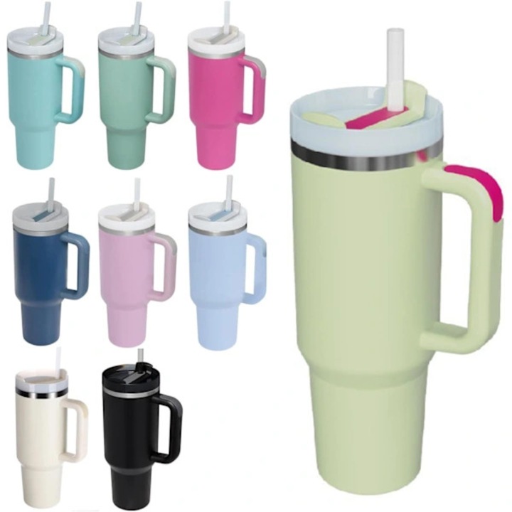 Cana termica de calatorie/pahar izolat din otel inoxidabil, izolare cu vid, dublu perete, 40 oz (1,18 L), cu maner si capac cu pai anti-scurgere, verde lime, 1 buc