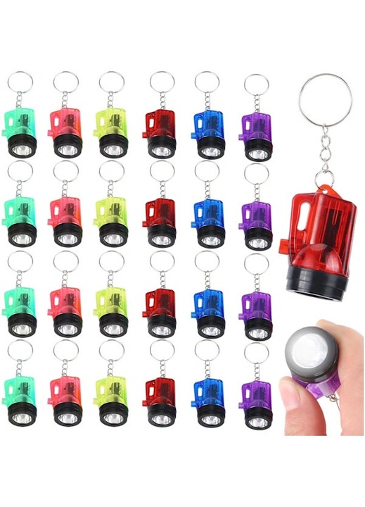 Mini LED kulcstartó lámpa, műanyag, hordozható 20x40 mm, Többszínű, 24 darab